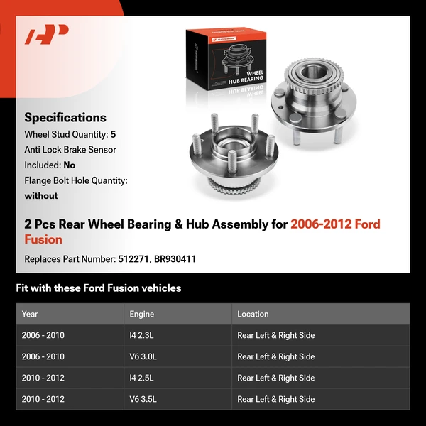 2 Pcs Rear Wheel Bearing & Hub Assembly for 2006-2012 Ford Fusion