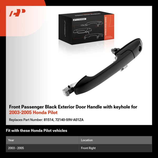 Front Passenger Black Exterior Door Handle with keyhole for 2003-2005 Honda Pilot