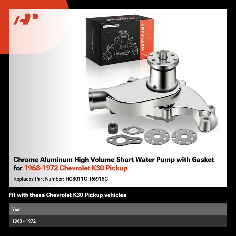 Chrome Aluminum High Volume Short Water Pump with Gasket for 1968-1972 Chevrolet K30 Pickup