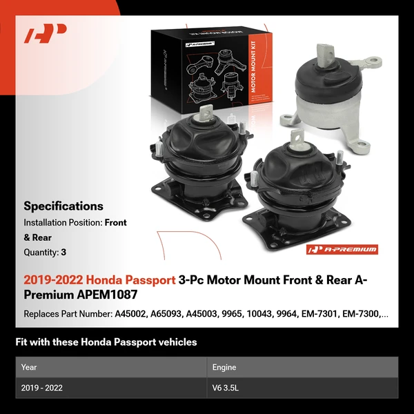 2019-2022 Honda Passport 3-Pc Motor Mount Front & Rear A-Premium APEM1087