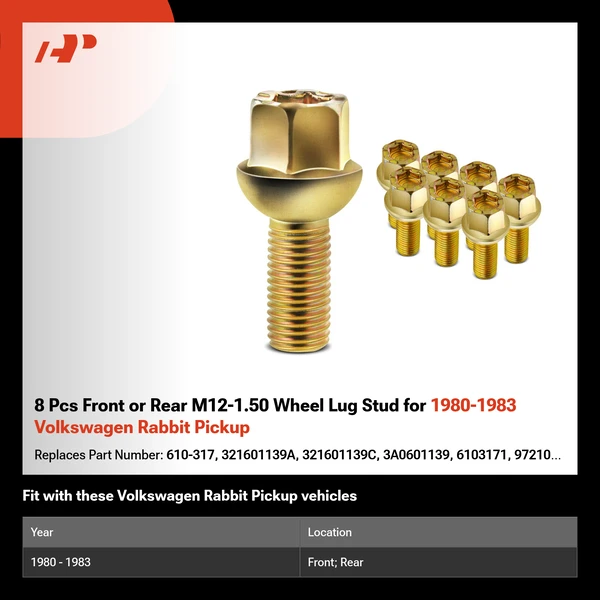 8 Pcs Front or Rear M12-1.50 Wheel Lug Stud for 1980-1983 Volkswagen Rabbit Pickup