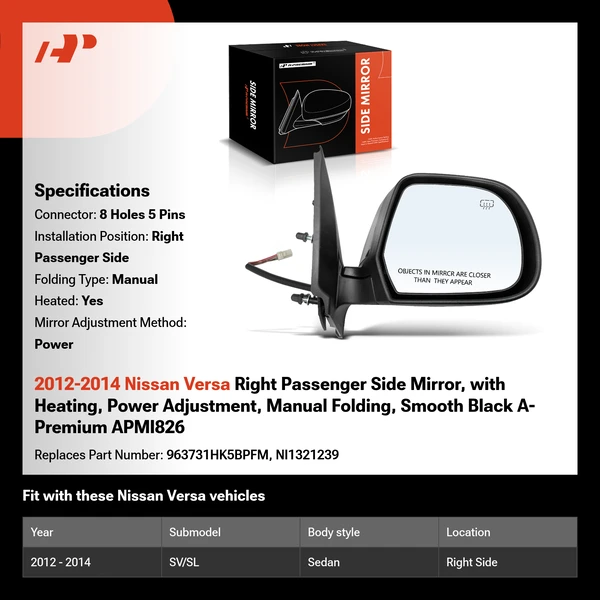 2012-2014 Nissan Versa Right Passenger Side Mirror, with Heating, Power Adjustment, Manual Folding, Smooth Black A-Premium APMI826