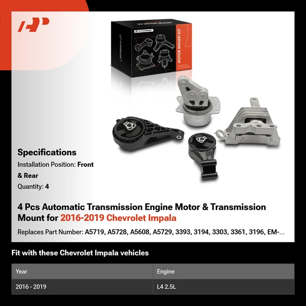 4 Pcs Automatic Transmission Engine Motor & Transmission Mount for 2016-2019 Chevrolet Impala