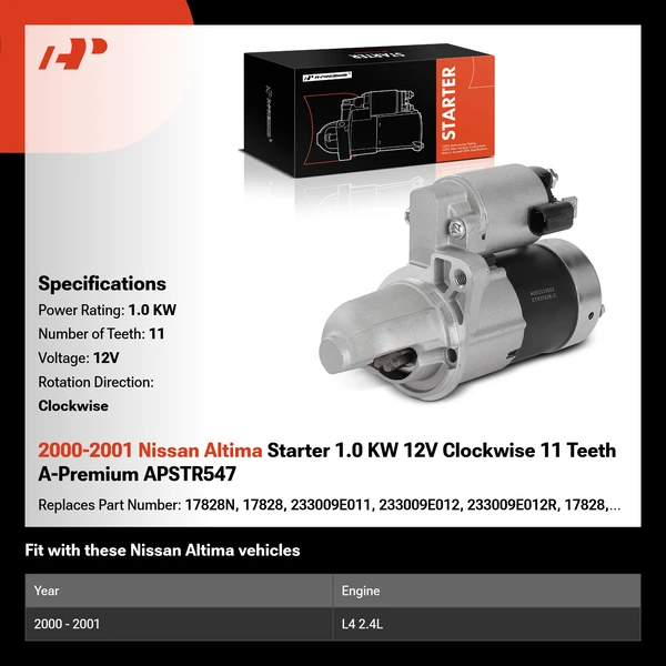 2000-2001 Nissan Altima Starter 1.0 KW 12V Clockwise 11 Teeth A-Premium APSTR547