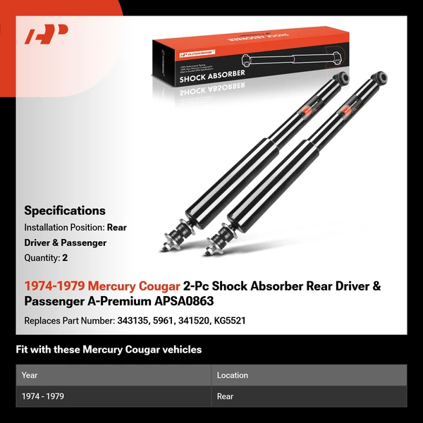 1974-1979 Mercury Cougar 2-Pc Shock Absorber Rear Driver & Passenger A-Premium APSA0863