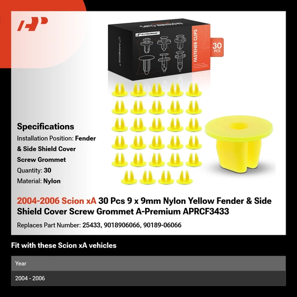 2004-2006 Scion xA 30 Pcs 9 x 9mm Nylon Yellow Fender & Side Shield Cover Screw Grommet A-Premium APRCF3433