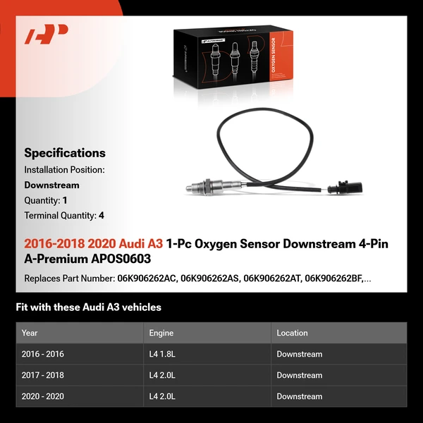 2016-2018 2020 Audi A3 1-Pc Oxygen Sensor Downstream 4-Pin A-Premium APOS0603