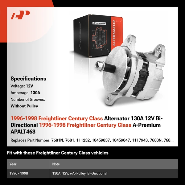 1996-1998 Freightliner Century Class Alternator 130A 12V Bi-Directional 1996-1998 Freightliner Century Class A-Premium APALT463