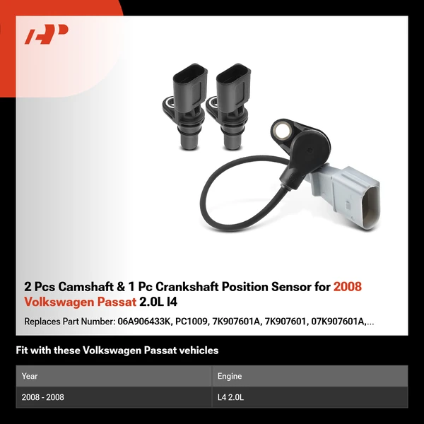 2 Pcs Camshaft & 1 Pc Crankshaft Position Sensor for 2008 Volkswagen Passat 2.0L l4