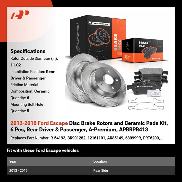2013-2016 Ford Escape Disc Brake Rotors and Ceramic Pads Kit, 6 Pcs, Rear Driver & Passenger, A-Premium, APBRPR413