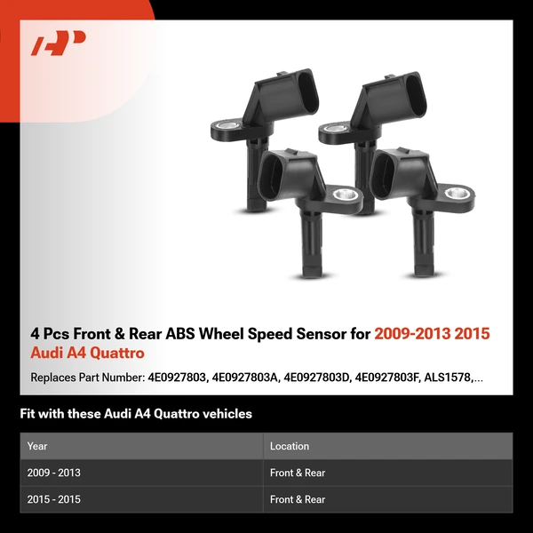 4 Pcs Front & Rear ABS Wheel Speed Sensor for 2009-2013 2015 Audi A4 Quattro