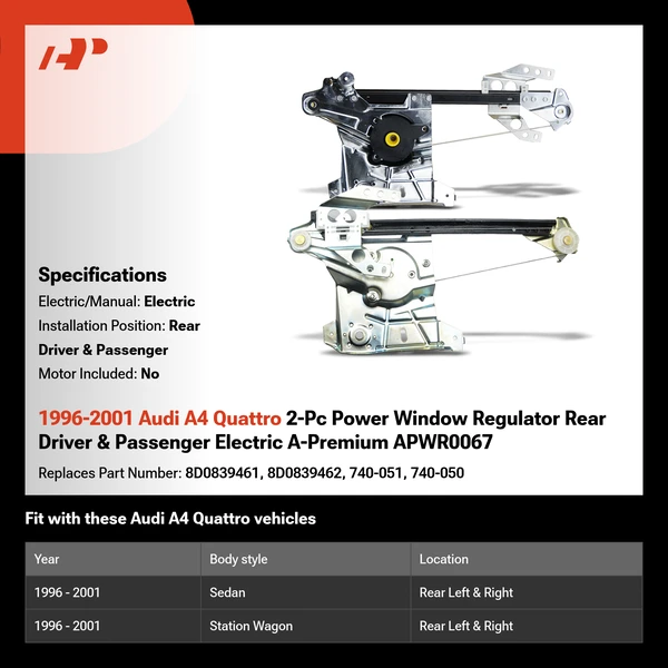 1996-2001 Audi A4 Quattro 2-Pc Power Window Regulator Rear Driver & Passenger Electric A-Premium APWR0067