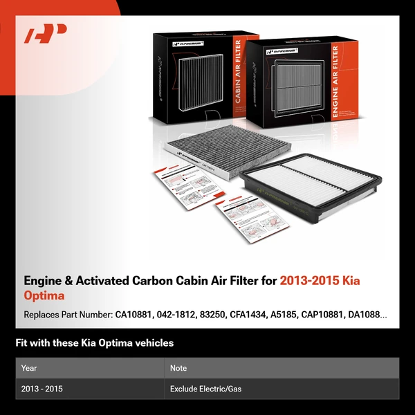 Engine & Activated Carbon Cabin Air Filter for 2013-2015 Kia Optima