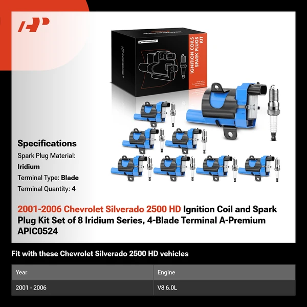 2001-2006 Chevrolet Silverado 2500 HD Ignition Coil and Spark Plug Kit Set of 8 Iridium Series, 4-Blade Terminal A-Premium APIC0524