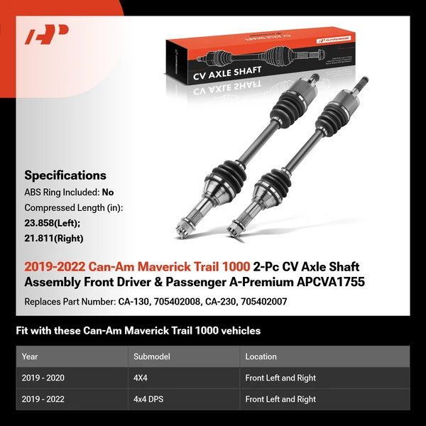 2019-2022 Can-Am Maverick Trail 1000 2-Pc CV Axle Shaft Assembly Front Driver & Passenger A-Premium APCVA1755