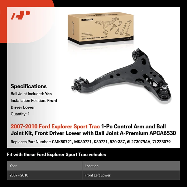 2007-2010 Ford Explorer Sport Trac 1-Pc Control Arm and Ball Joint Kit, Front Driver Lower with Ball Joint A-Premium APCA6530