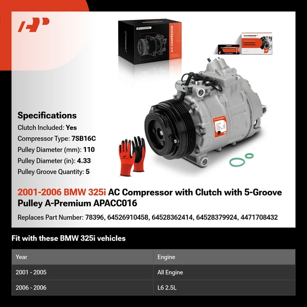 2001-2006 BMW 325i AC Compressor with Clutch with 5-Groove Pulley A-Premium APACC016