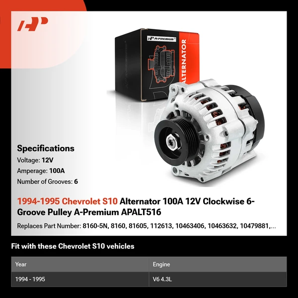 1994-1995 Chevrolet S10 Alternator 100A 12V Clockwise 6-Groove Pulley A-Premium APALT516