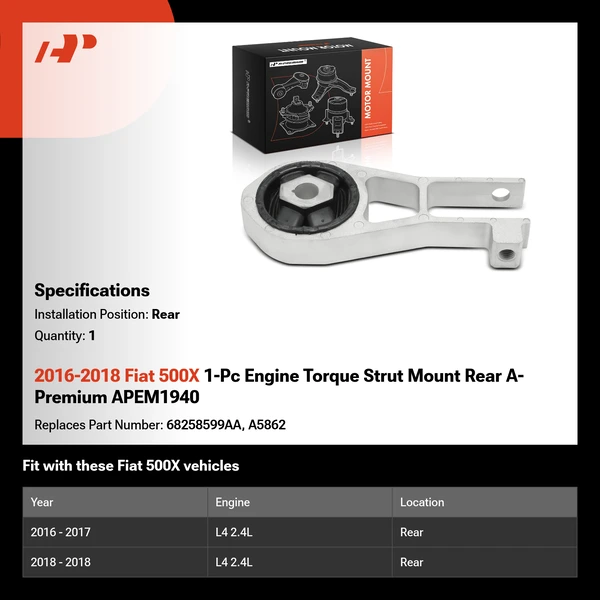 2016-2018 Fiat 500X 1-Pc Engine Torque Strut Mount Rear A-Premium APEM1940