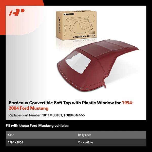 Bordeaux Convertible Soft Top with Plastic Window for 1994-2004 Ford Mustang