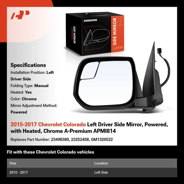 2015-2017 Chevrolet Colorado Left Driver Side Mirror, Powered, with Heated, Chrome A-Premium APMI814