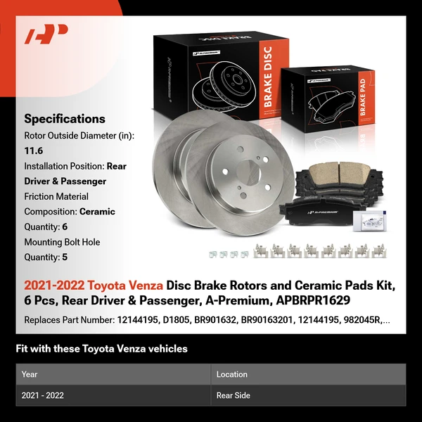 2021-2022 Toyota Venza Disc Brake Rotors and Ceramic Pads Kit, 6 Pcs, Rear Driver & Passenger, A-Premium, APBRPR1629