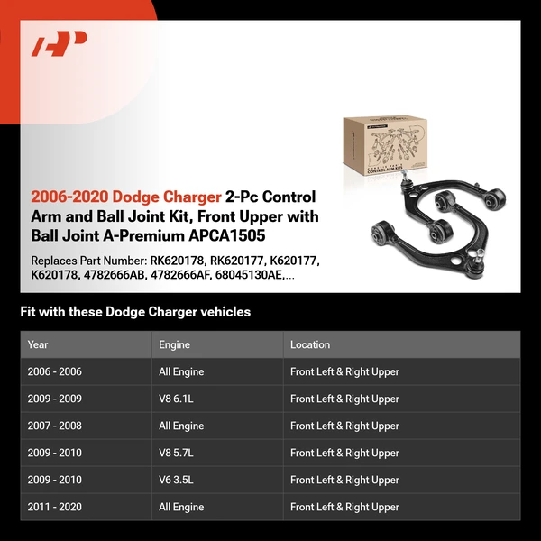 2006-2020 Dodge Charger 2-Pc Control Arm and Ball Joint Kit, Front Upper with Ball Joint A-Premium APCA1505