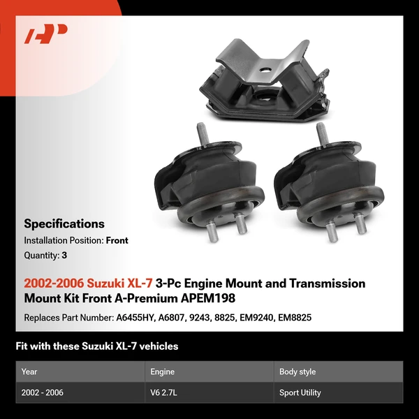 2002-2006 Suzuki XL-7 3-Pc Engine Mount and Transmission Mount Kit Front A-Premium APEM198