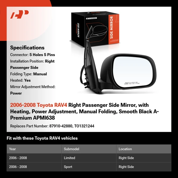 2006-2008 Toyota RAV4 Right Passenger Side Mirror, with Heating, Power Adjustment, Manual Folding, Smooth Black A-Premium APMI638
