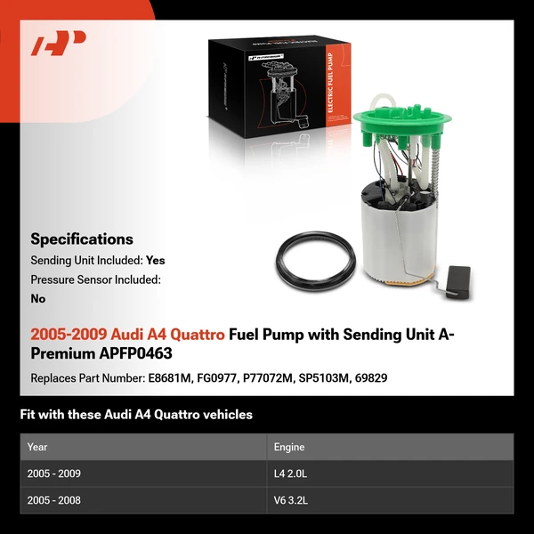 2005-2009 Audi A4 Quattro Fuel Pump with Sending Unit A-Premium APFP0463