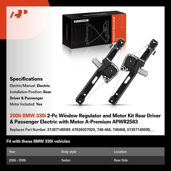 2006 BMW 330i 2-Pc Window Regulator and Motor Kit Rear Driver & Passenger Electric with Motor A-Premium APWR2583