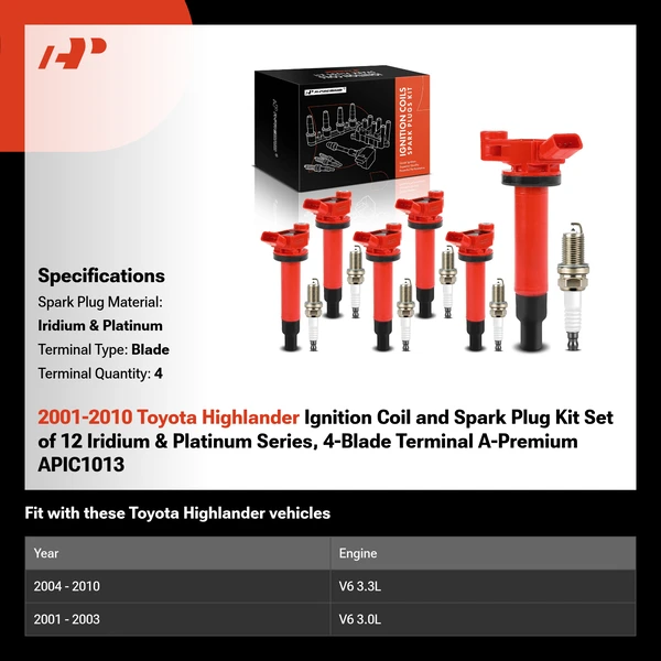 2001-2010 Toyota Highlander Ignition Coil and Spark Plug Kit Set of 12 Iridium & Platinum Series, 4-Blade Terminal A-Premium APIC1013