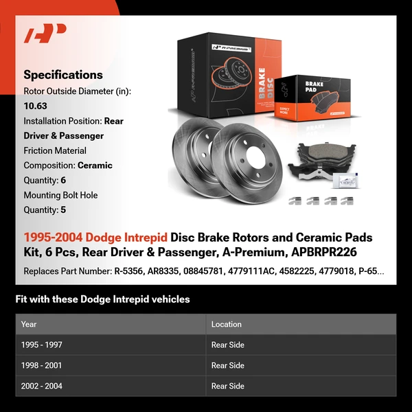 1995-2004 Dodge Intrepid Disc Brake Rotors and Ceramic Pads Kit, 6 Pcs, Rear Driver & Passenger, A-Premium, APBRPR226