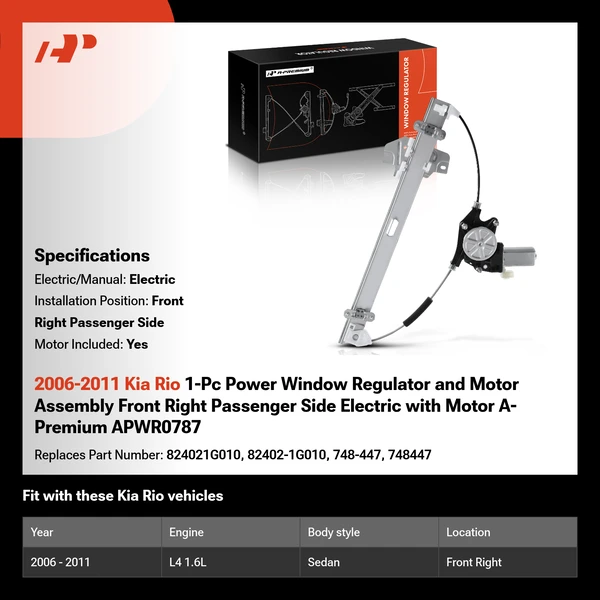2006-2011 Kia Rio 1-Pc Power Window Regulator and Motor Assembly Front Right Passenger Side Electric with Motor A-Premium APWR0787