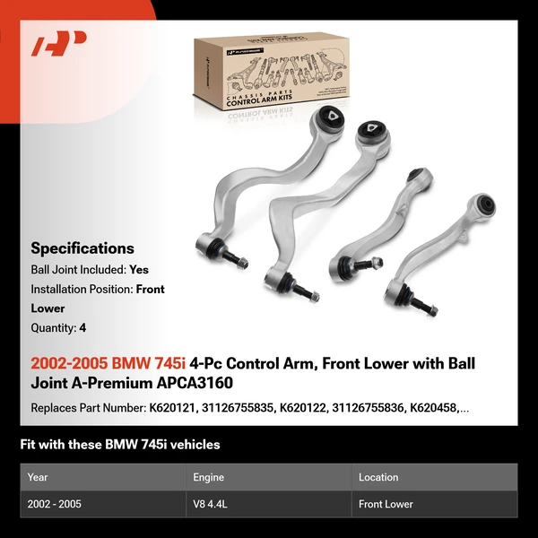 2002-2005 BMW 745i 4-Pc Control Arm, Front Lower with Ball Joint A-Premium APCA3160