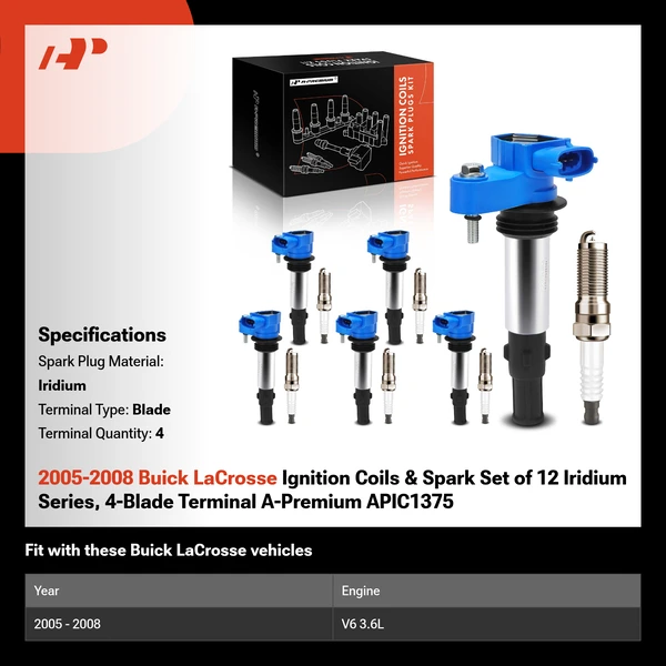 2005-2008 Buick LaCrosse Ignition Coils & Spark Set of 12 Iridium Series, 4-Blade Terminal A-Premium APIC1375