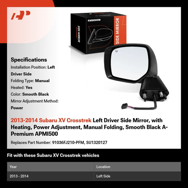 2013-2014 Subaru XV Crosstrek Left Driver Side Mirror, with Heating, Power Adjustment, Manual Folding, Smooth Black A-Premium APMI500