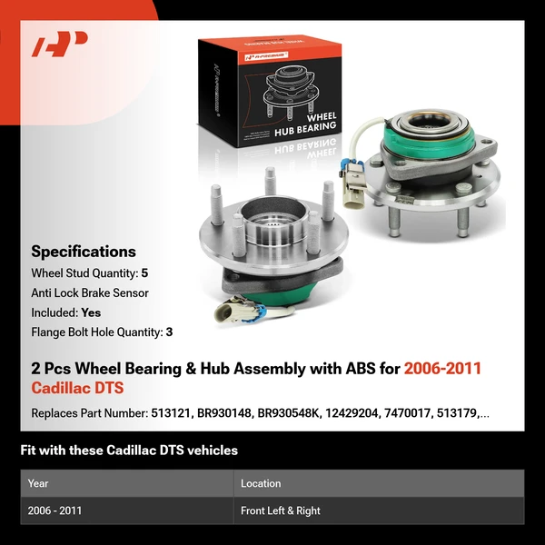 2 Pcs Wheel Bearing & Hub Assembly with ABS for 2006-2011 Cadillac DTS