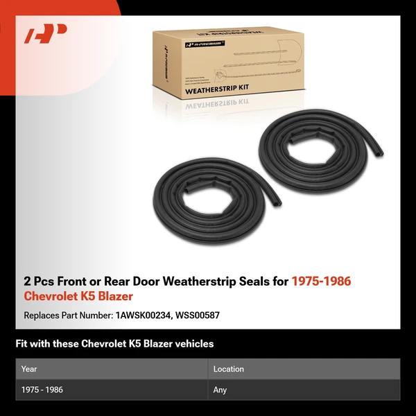 2 Pcs Front or Rear Door Weatherstrip Seals for 1975-1986 Chevrolet K5 Blazer
