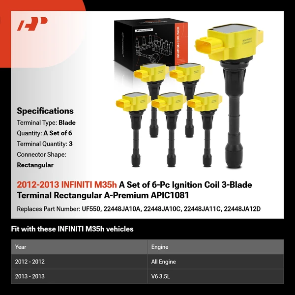 2012-2013 INFINITI M35h A Set of 6-Pc Ignition Coil 3-Blade Terminal Rectangular A-Premium APIC1081