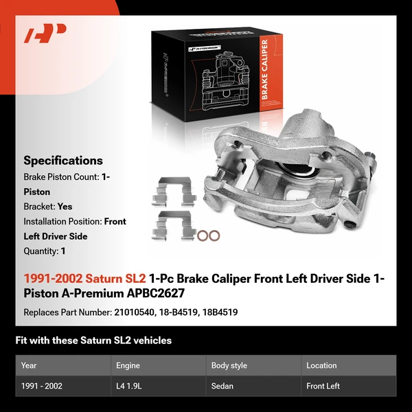 1991-2002 Saturn SL2 1-Pc Brake Caliper Front Left Driver Side 1-Piston A-Premium APBC2627