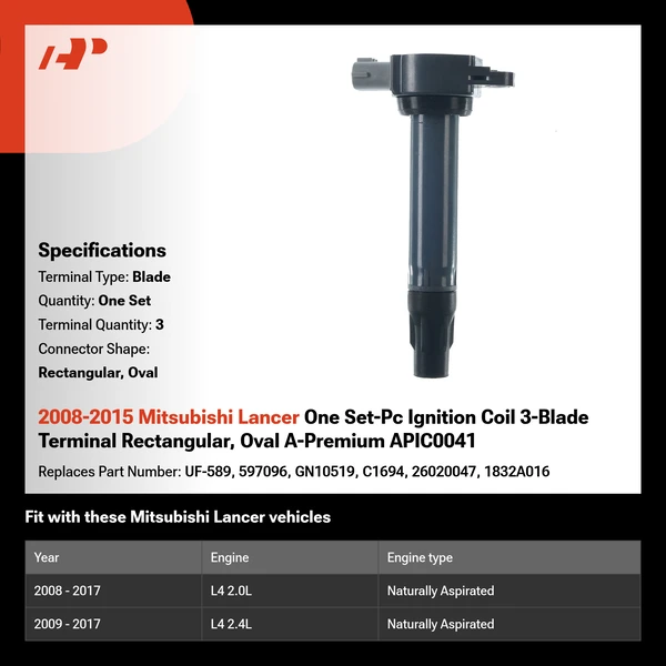 2008-2015 Mitsubishi Lancer One Set-Pc Ignition Coil 3-Blade Terminal Rectangular, Oval A-Premium APIC0041