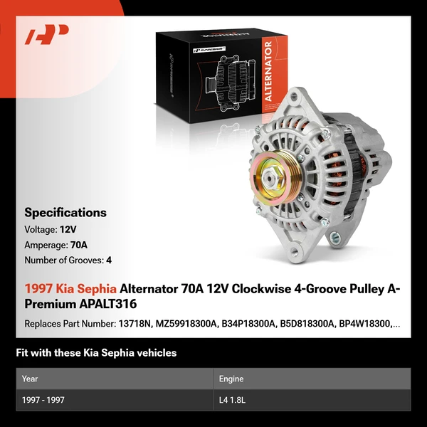1997 Kia Sephia Alternator 70A 12V Clockwise 4-Groove Pulley A-Premium APALT316