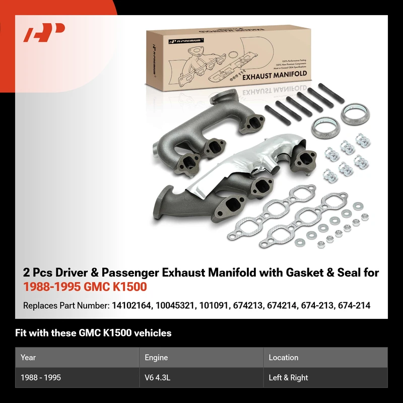 2 Pcs Driver & Passenger Exhaust Manifold with Gasket & Seal for 1988-1995 GMC K1500