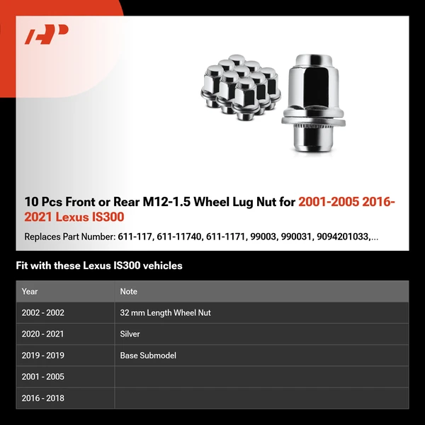 10 Pcs Front or Rear M12-1.5 Wheel Lug Nut for 2001-2005 2016-2021 Lexus IS300