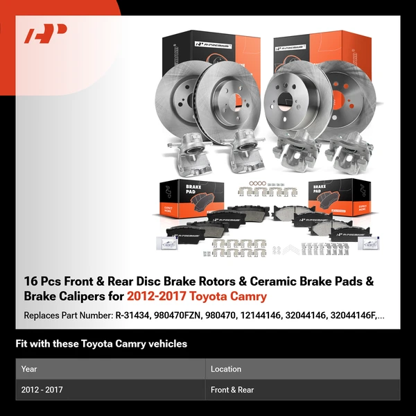 16 Pcs Front & Rear Disc Brake Rotors & Ceramic Brake Pads & Brake Calipers for 2012-2017 Toyota Camry