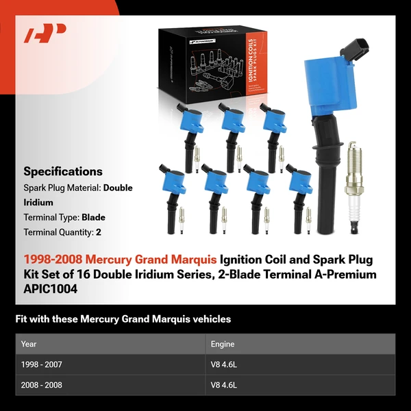 1998-2008 Mercury Grand Marquis Ignition Coil and Spark Plug Kit Set of 16 Double Iridium Series, 2-Blade Terminal A-Premium APIC1004