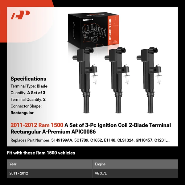 2011-2012 Ram 1500 A Set of 3-Pc Ignition Coil 2-Blade Terminal Rectangular A-Premium APIC0086