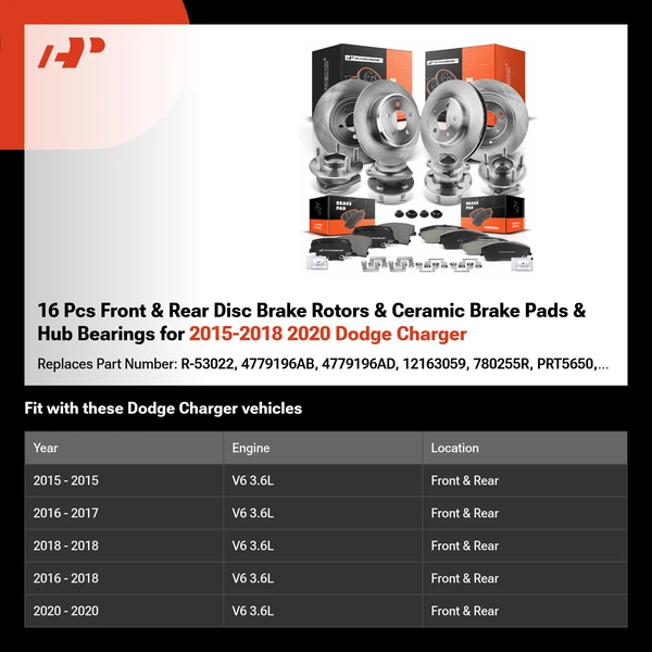 16 Pcs Front & Rear Disc Brake Rotors & Ceramic Brake Pads & Hub Bearings for 2015-2018 2020 Dodge Charger