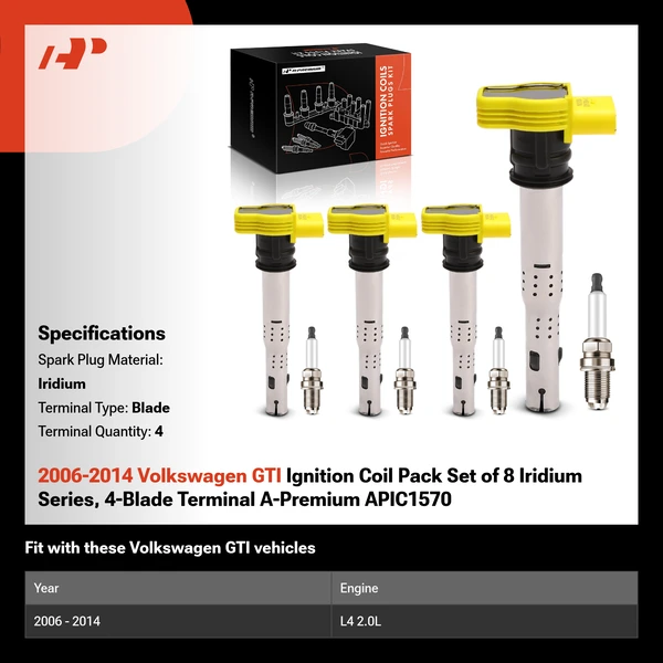 2006-2014 Volkswagen GTI Ignition Coil Pack Set of 8 Iridium Series, 4-Blade Terminal A-Premium APIC1570